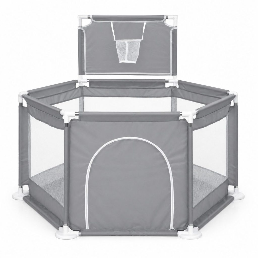 Tarc de Joaca pentru Copii cu Cos de Baschet, Flippy, Usa cu Fermoar, Plasa Laterala, Structura Stabila, Dimensiune 130x115x65 cm, Gri