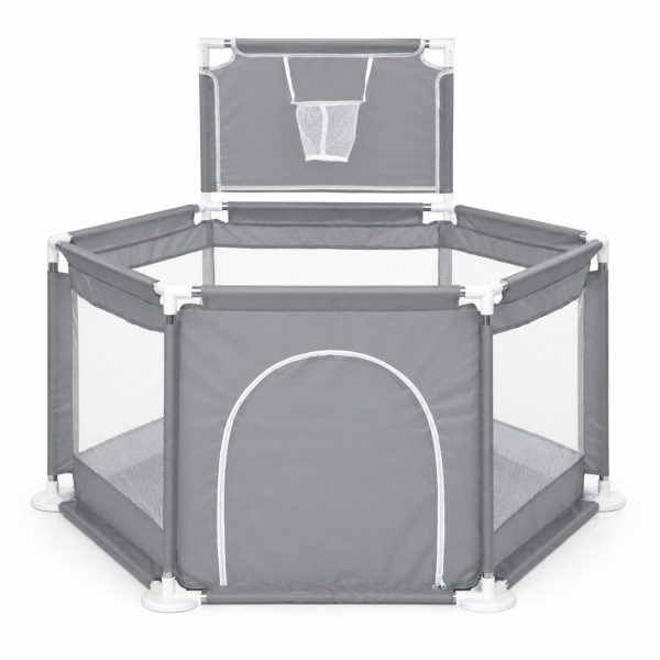 Tarc de Joaca pentru Copii cu Cos de Baschet, Flippy, Usa cu Fermoar, Plasa Laterala, Structura Stabila, Dimensiune 130x115x65 cm, Gri