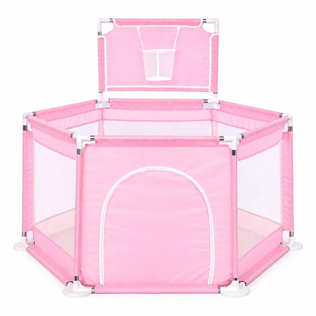 Tarc de Joaca pentru Copii cu Cos de Baschet, Flippy, Usa cu Fermoar, Plasa Laterala, Structura Stabila, Dimensiune 130x115x65 cm, Roz Deschis