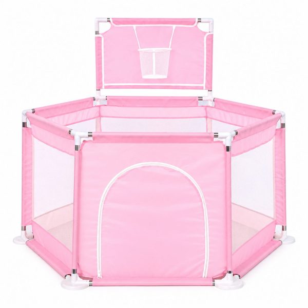 Tarc de Joaca pentru Copii cu Cos de Baschet, Flippy, Usa cu Fermoar, Plasa Laterala, Structura Stabila, Dimensiune 130x115x65 cm, Roz Deschis