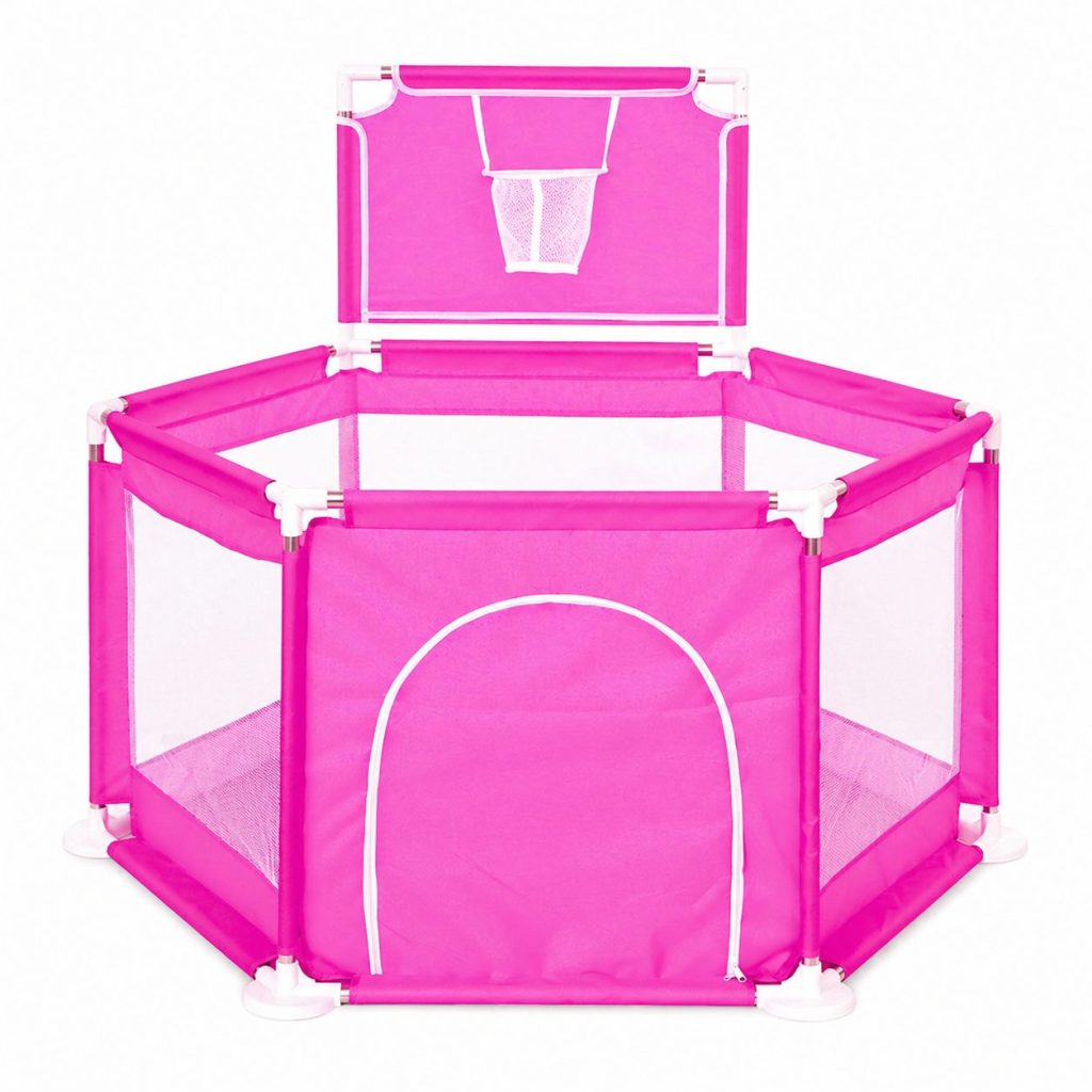 Tarc de Joaca pentru Copii cu Cos de Baschet, Flippy, Usa cu Fermoar, Plasa Laterala, Structura Stabila, Dimensiune 130x115x65 cm,  Roz Inchis
