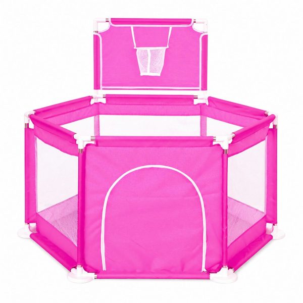 Tarc de Joaca pentru Copii cu Cos de Baschet, Flippy, Usa cu Fermoar, Plasa Laterala, Structura Stabila, Dimensiune 130x115x65 cm,  Roz Inchis