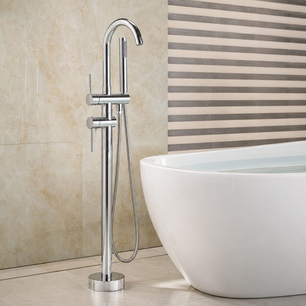 Baterie de Podea cu Cadru Rotund, Flippy, CF2032, Alama Sanitara, Pipa 18 cm, Inaltime 115 cm, Para de Dus, Crom