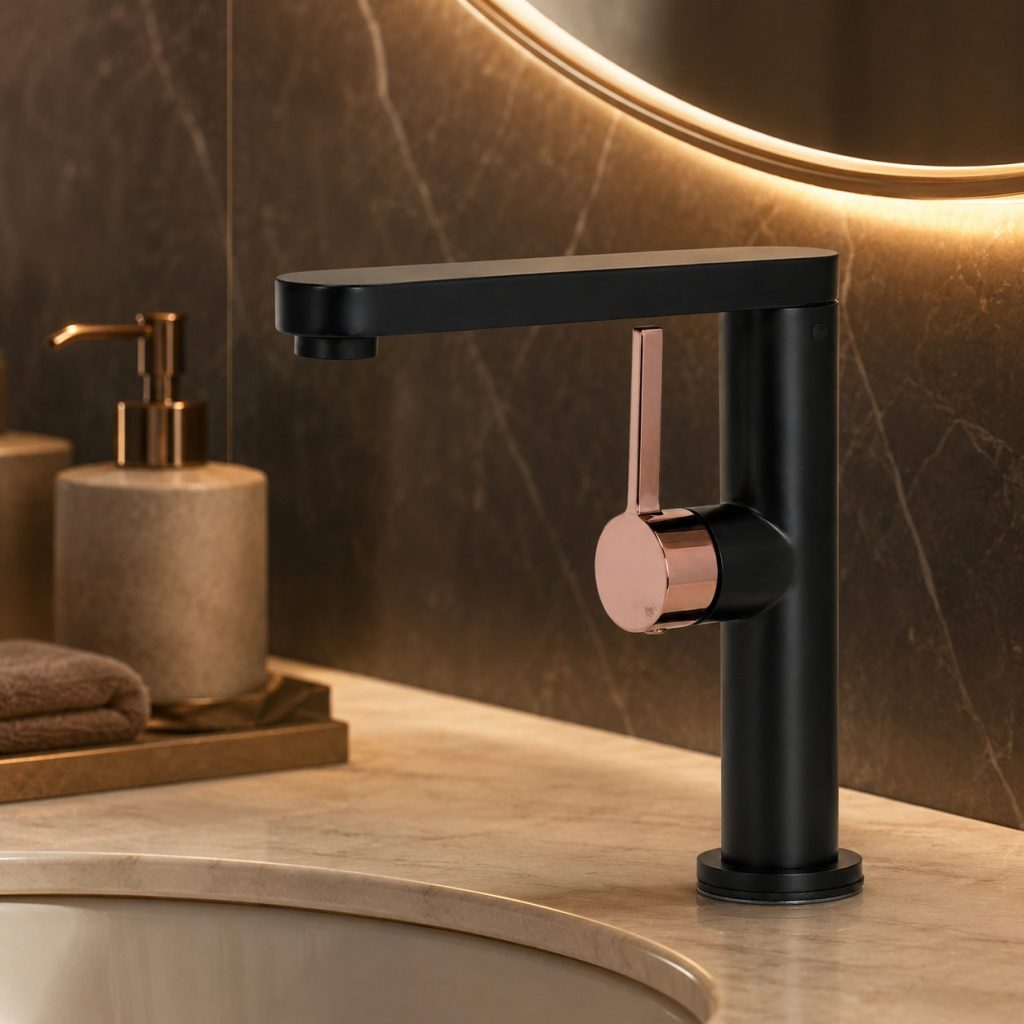Baterie Lavoar HASSO 9107H/M, Flippy, Alama Sanitara, Monocomanda, Cartus Ceramic 40 mm, Negru Mat/Rose Gold
