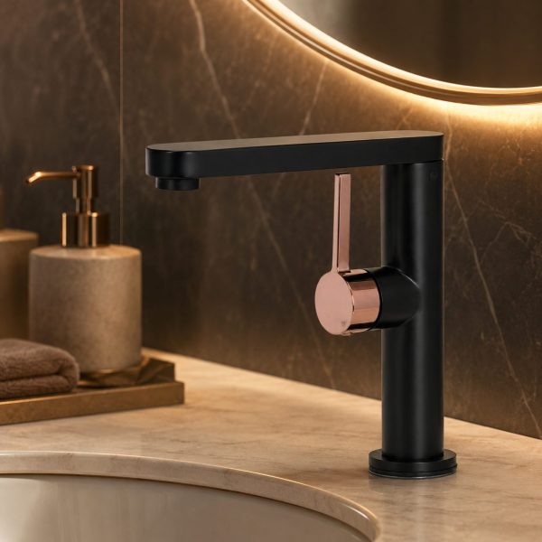 Baterie Lavoar HASSO 9107H/M, Flippy, Alama Sanitara, Monocomanda, Cartus Ceramic 40 mm, Negru Mat/Rose Gold