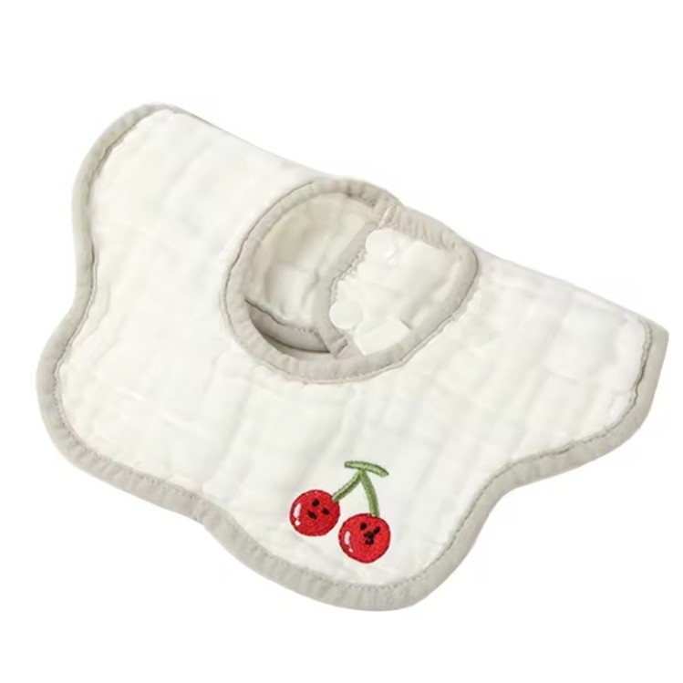 Baveta Tip Floare, Flippy, din Bumbac, pentru Copii 0-12 Luni, Rezistenta la apa, 8 Straturi, Model Tricotat cu Cirese, 26 x 29 cm, Alb