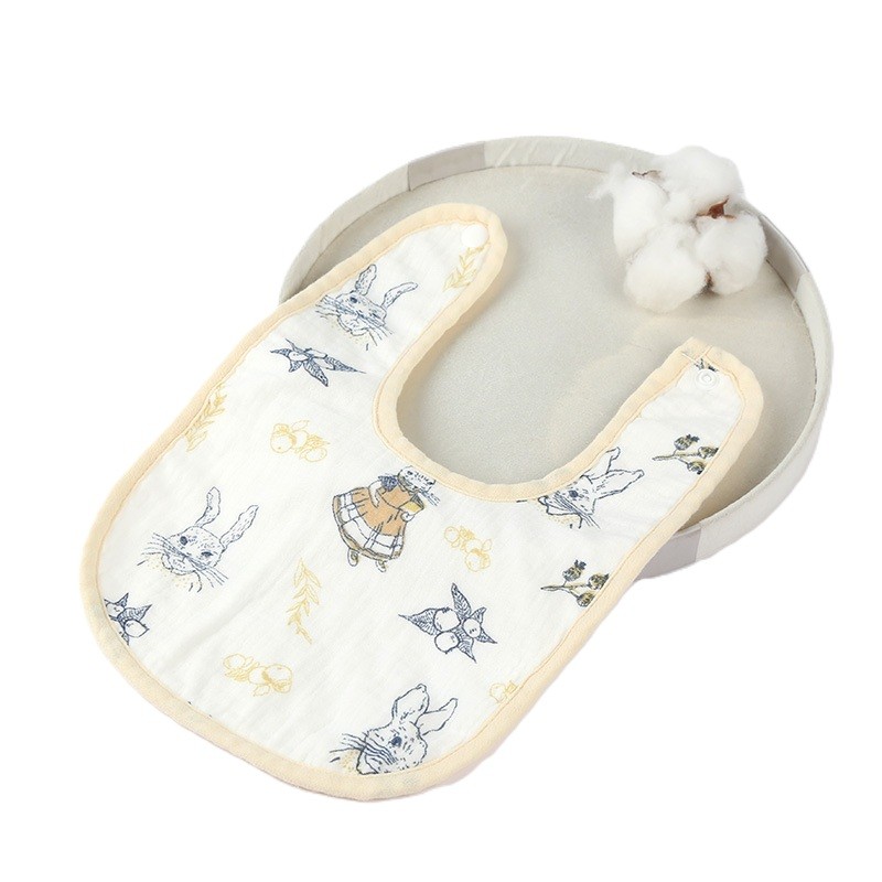 Baveta in Forma de U, Flippy, din Bumbac, pentru Copii 0-12 Luni, Rezistenta la Apa, cu Capse, Model cu Iepurasi, 21x30 cm, Bej
