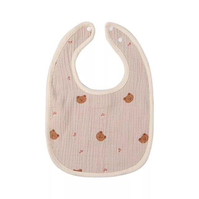 Baveta in Forma de U, Flippy, din Bumbac, pentru Copii 0-12 Luni, Rezistenta la Apa, cu Capse, Model cu Ursuleti,  21x30 cm, Bej