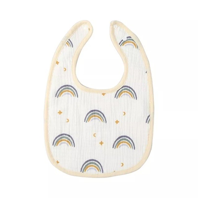 Baveta in Forma de U, Flippy, din Bumbac, pentru Copii 0-12 Luni, Rezistenta la Apa, cu Capse, Model Curcubeu, 21x30 cm, Bej