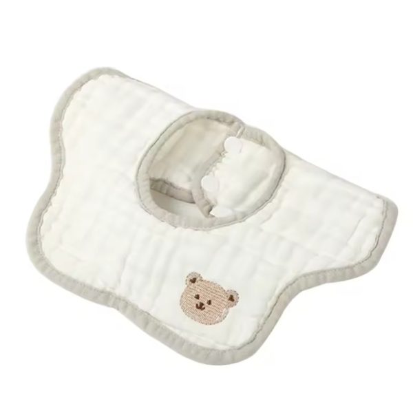 Baveta Tip Floare, Flippy, din Bumbac, pentru Copii 0-12 Luni, Rezistenta la apa, 8 Straturi, Model Tricotat cu Ursulet, 26 x 29 cm, Alb