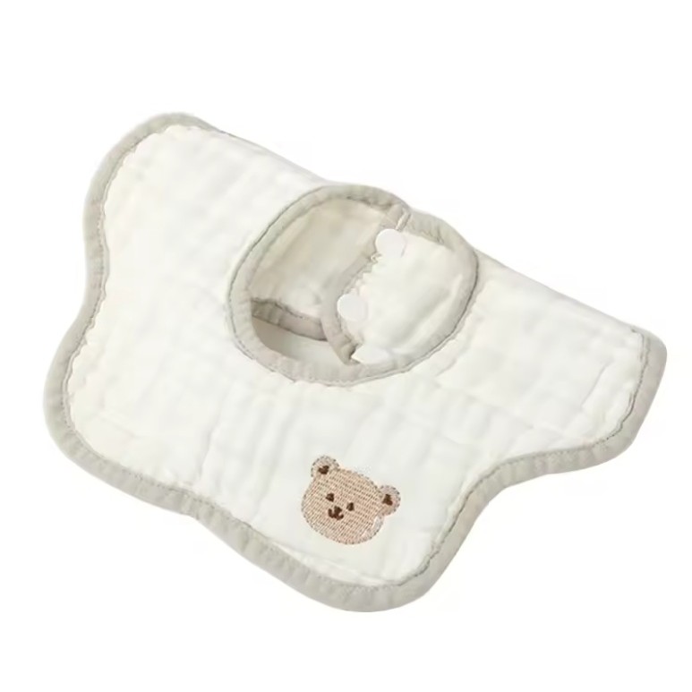 Baveta Tip Floare, Flippy, din Bumbac, pentru Copii 0-12 Luni, Rezistenta la apa, 8 Straturi, Model Tricotat cu Ursulet, 26 x 29 cm, Alb