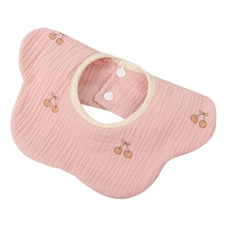 Baveta Tip Floare, Flippy, din Bumbac, pentru Copii 0-12 Luni, Rezistenta la apa, cu Capse, Model cu Cirese, 26 x 29 cm, Roz