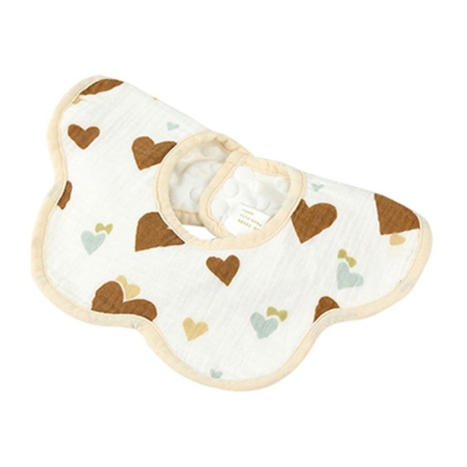Baveta Tip Floare, Flippy, din Bumbac, pentru Copii 0-12 Luni, Rezistenta la apa, cu Capse, Model cu Inimioare, 26 x 29 cm, Maro