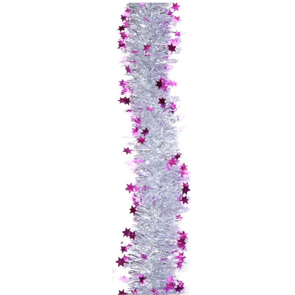 Beteala de Craciun cu LED, Flippy, 2 m, 5 cm Grosime, din PVC, Model cu Stelute, Artificiala, Mov/Argintiu