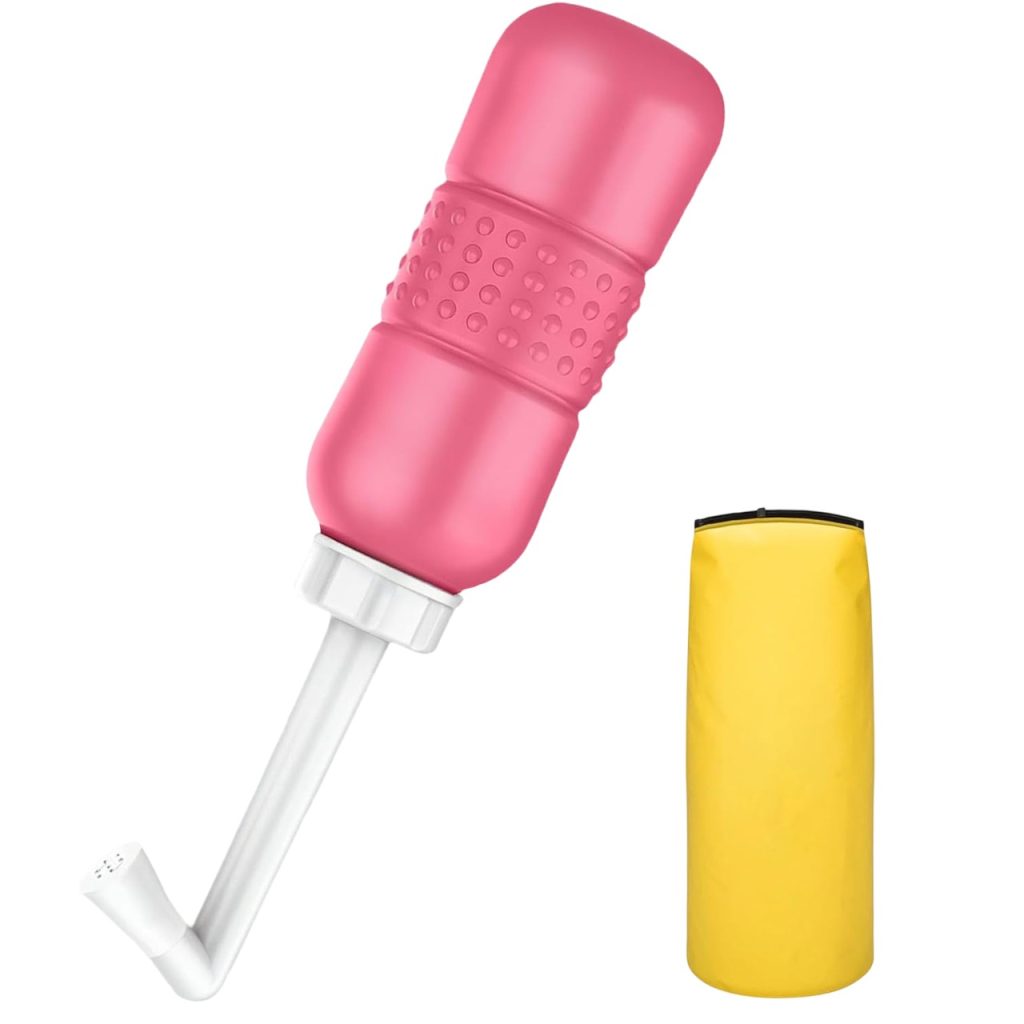 Bideu Portabil pentru Igiena Intima, Flippy, pentru Postpartum/ Postoperator, 450 mL, cu Capac si Husa Galbena, 29.5x7 cm, Culoare Recipient Roz