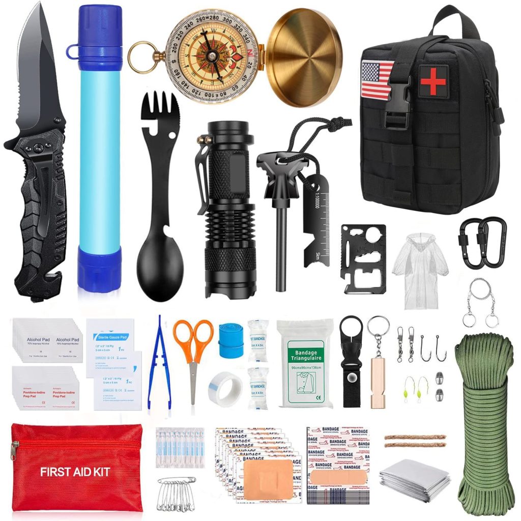 Kit de Supraviețuire Multifuncțional, Flippy, Set cu 40 de Instrumente și Accesorii, Echipament pentru Prim Ajutor, Drumeții, Camping și Activități în Aer Liber, Depozitare Compactă, Negru