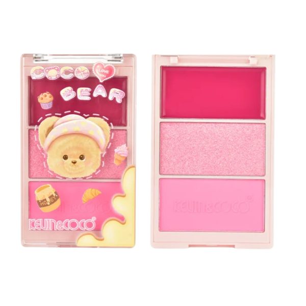 Paleta Fard de Obraz, Kevin&Coco, 3 Nuante, Blush, Iluminator, Textură Fină, Efect Natural, Finish Mat si Sidefat, pentru Toate Tipurile de Ten, Model 3,  Dimensiune 6.7 x 1.5 x 11 cm, Cantitate 71.7g, Roz