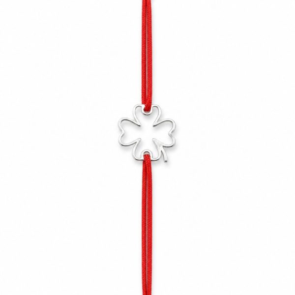 Bratara Argint 925 pentru Dama, Jolie, Model Trifoi in Contur, Martisor Bratara de 1 Martie, Pandativ Argintiu cu Snur Rosu