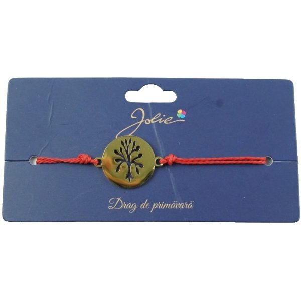 Mărțișor Brățară pentru Primăvară, Jolie, Șnur Roșu Textil și Inox, Model Copacul Vieții în Bănuț, Reglabilă, Simbol al Echilibrului și Prosperității, Auriu