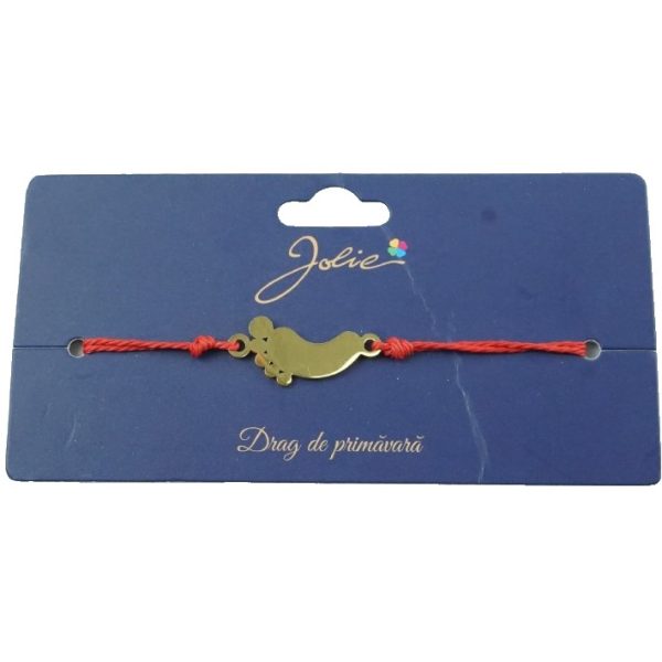 Mărțișor Brățară pentru Primăvară, Jolie, Șnur Roșu Textil și Inox, Model Tălpiță, Reglabilă, Simbol al Familiei și Bucuriei, Auriu
