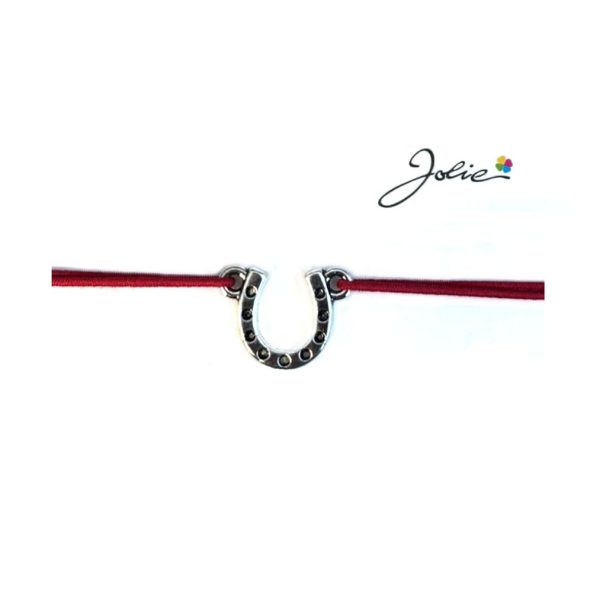 Martisor tip Bratara cu Pandantiv Metalic, Jolie, Snur Textil Rosu, Model Potcoava Puncte, Dimensiune Reglabila, Nod Dublu, Ambalata Individual