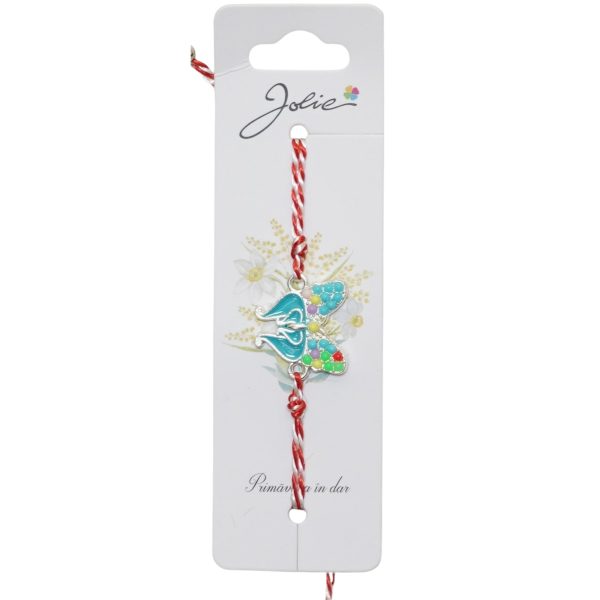 Martisor Bratara Snur Alb-Rosu, Jolie, Pandantiv Metalic, Model Fluture Pietre si Email
