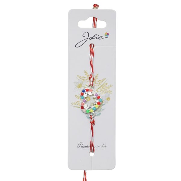 Martisor Bratara Snur Alb-Rosu, Jolie, Pandantiv Metalic, Model Inima Pietre