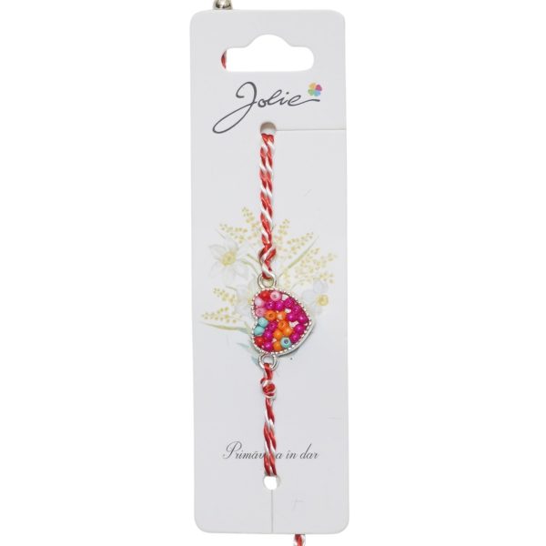 Martisor Bratara Snur Alb-Rosu, Jolie, Pandantiv Metalic, Model Inimioara