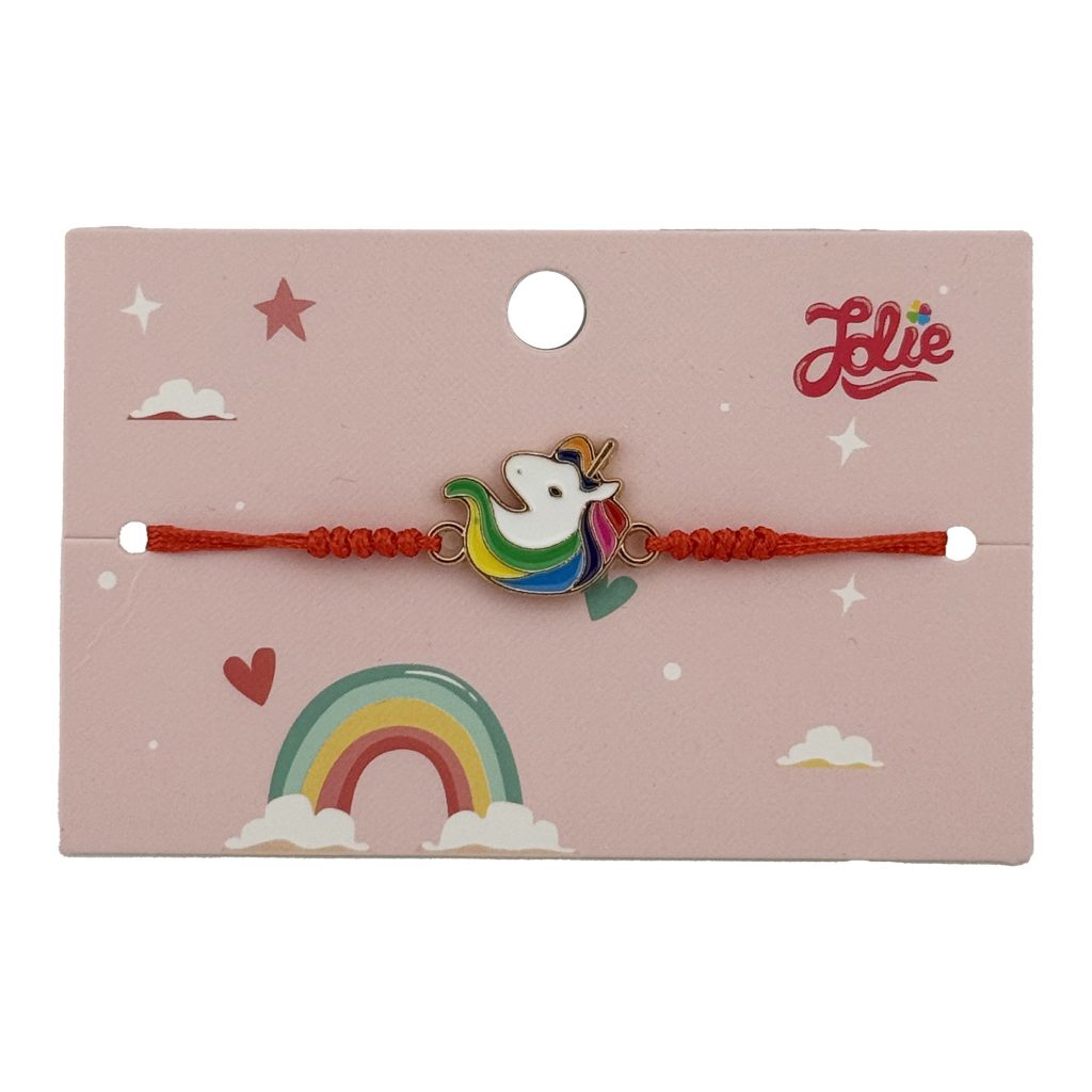 Bratara pentru Copii, Jolie, cu Impletitura Snur Rosu, Model Unicorn, Alb Multicolor