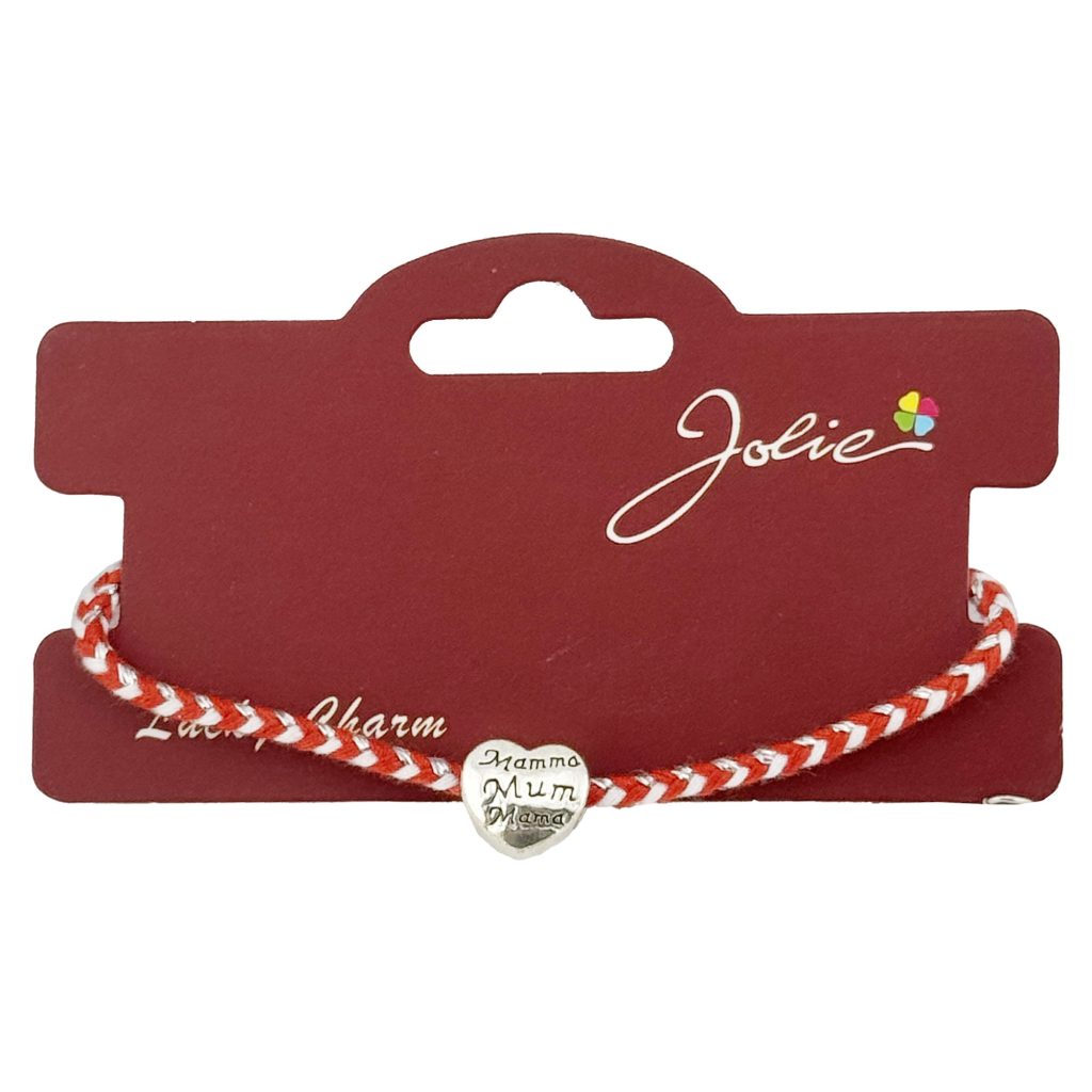 Bratara Martisor Reglabila, Jolie, Model Inima cu inscriptie: Mamma / Mum / Mama, snur Impletit, 9 x 4 cm, Alb Rosu