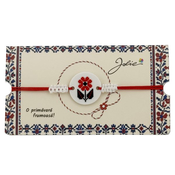 Martisor Traditional Bratara Norocoasa, Jolie, Model Rotund Floare, Bratara Martisor pentru Copii, din Plastic/Textil, Snur Rosu/Alb