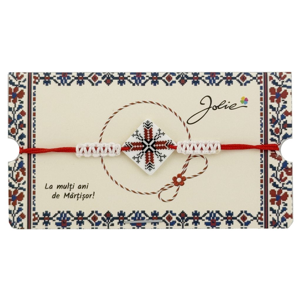 Martisor Traditional Bratara Norocoasa, Jolie, Model Romb Port Traditional, Bratara Martisor pentru Copii, din Plastic/Textil, Snur Alb/Rosu
