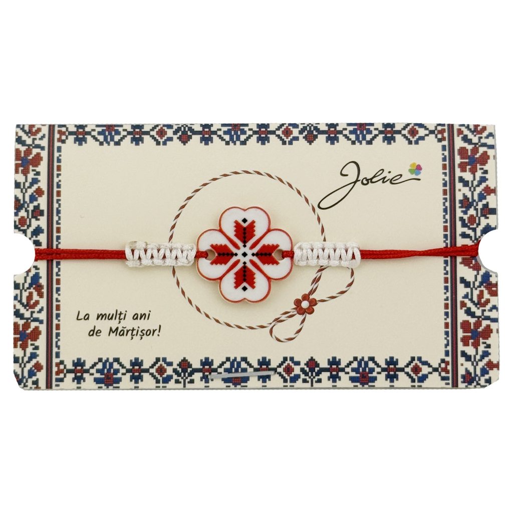 Martisor Traditional Bratara Norocoasa, Jolie, Model Trifoi Port Traditional, Bratara Martisor pentru Copii, din Plastic/Textil, Snur Rosu/Alb
