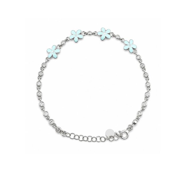 Brățară pentru Copii din Argint 925, Jolie Silver, Model Flori, cu Email Albastru Deschis și Pietre de Zirconiu, Lungime 21 cm, 4.5 g, Argintiu