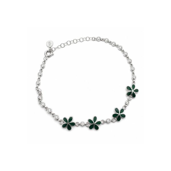 Brățară pentru Copii din Argint 925, Jolie Silver, Model Flori, cu Email Verde Închis și Pietre de Zirconiu, Lungime 21 cm, 4.5 g, Argintiu