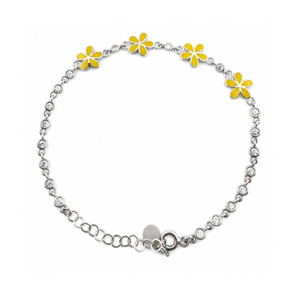 Brățară pentru Copii din Argint 925, Jolie Silver, Model Flori, cu Email Galben și Pietre de Zirconiu, Lungime 21 cm, 4.6 g, Argintiu
