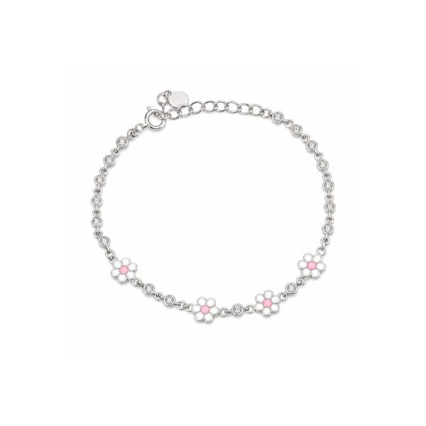 Bratara pentru Copii, Jolie, Argint 925, Model Floare cu Piatra, cu Email si Zirconiu, 21 cm/4.4g Argintiu/Alb