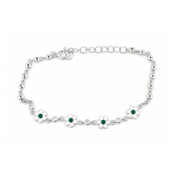 Bratara pentru Copii, Jolie, Argint 925, Model Floare cu Piatra, cu Email si Zirconiu, 21 cm/4.5g Argintiu/Verde