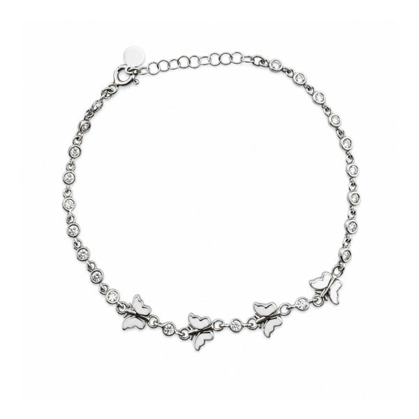Bratara pentru Copii, Jolie, Argint 925, Model Fluture, cu Email si Zirconiu, 21 cm/4.3g Argintiu/Alb