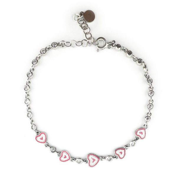 Bratara pentru Copii, Jolie, Argint 925, Model Inima, cu Email si Zirconiu, 21 cm/4.4g Argintiu/Roz