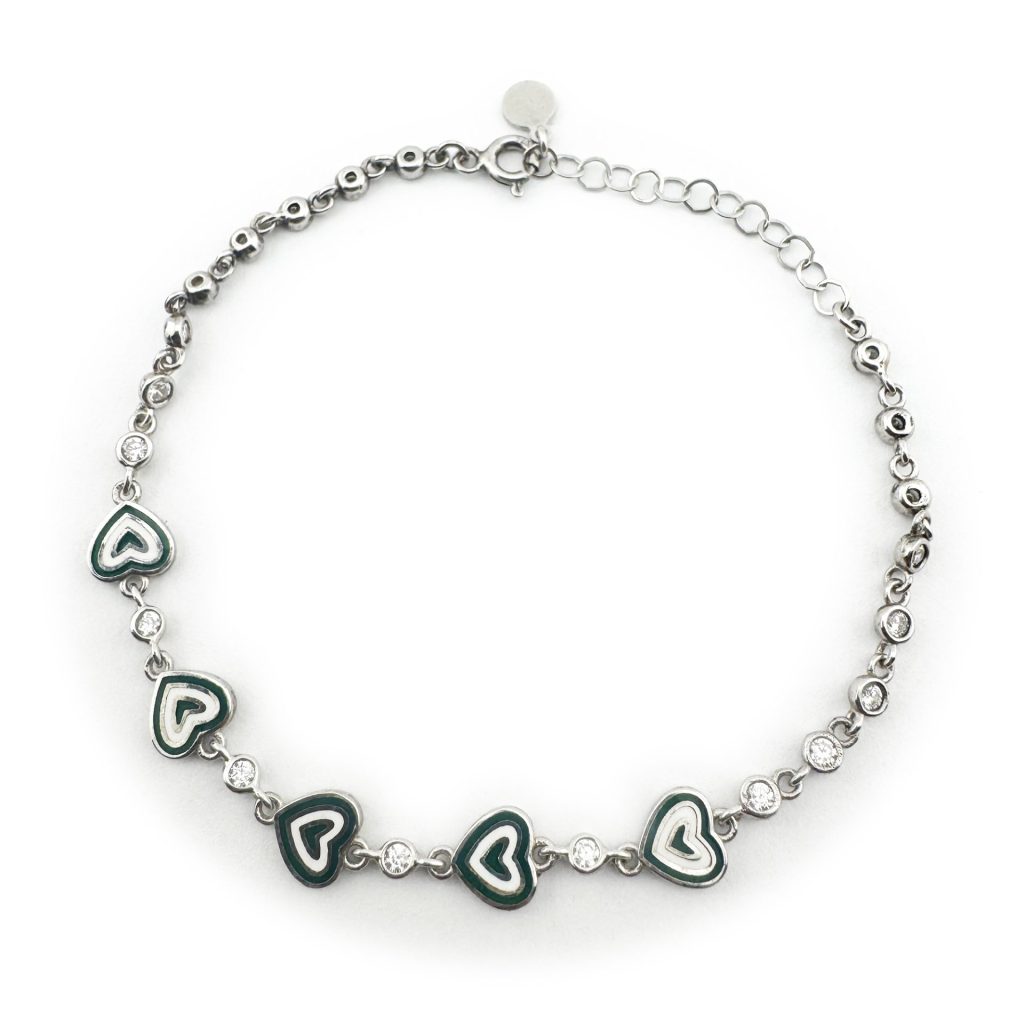 Bratara pentru Copii, Jolie, Argint 925, Model Inima, cu Email si Zirconiu, 21 cm/4.6g Argintiu/Verde inchis