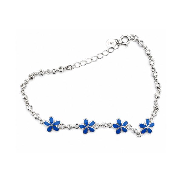 Brățară pentru Damă și Copii din Argint 925, Jolie Silver, Model Flori, cu Email Albastru și Pietre de Zirconiu, Lungime 21 cm, 4.6 g, Argintiu