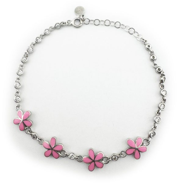 Bratara pentru Copii, Jolie, Argint 925, Model Floare, cu Email si Zirconiu, 21 cm/4.5g Argintiu/Roz