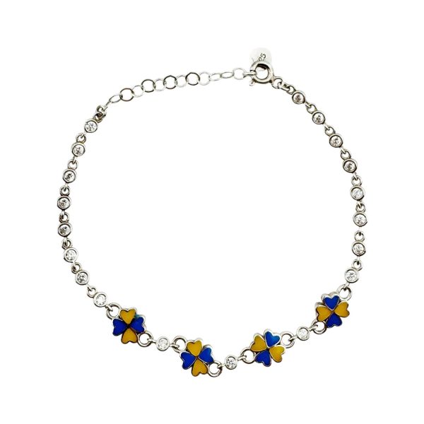 Bratara pentru Copii, Jolie, Argint 925, Model Trifoi, cu Email si Zirconiu, 21 cm/4.4g Argintiu/Albastru/Galben