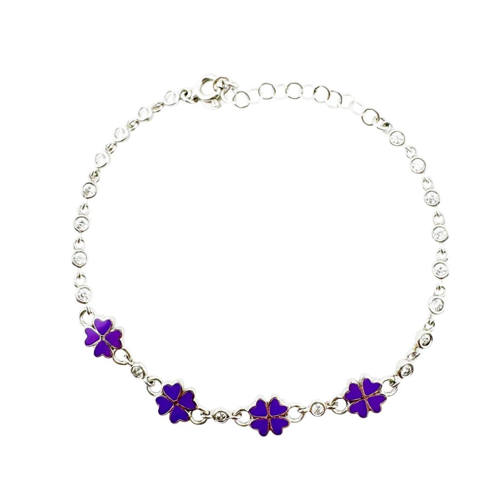 Bratara pentru Copii, Jolie, Argint 925, Model Trifoi, cu Email si Zirconiu, 21 cm/4.4g Argintiu/Mov