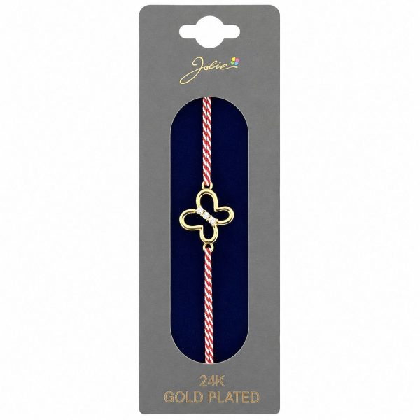 Bratara Placata cu Aur 24k, Jolie, Model FLUTURE, Martisor Bratara, cu Snur Alb/Rosu, Auriu