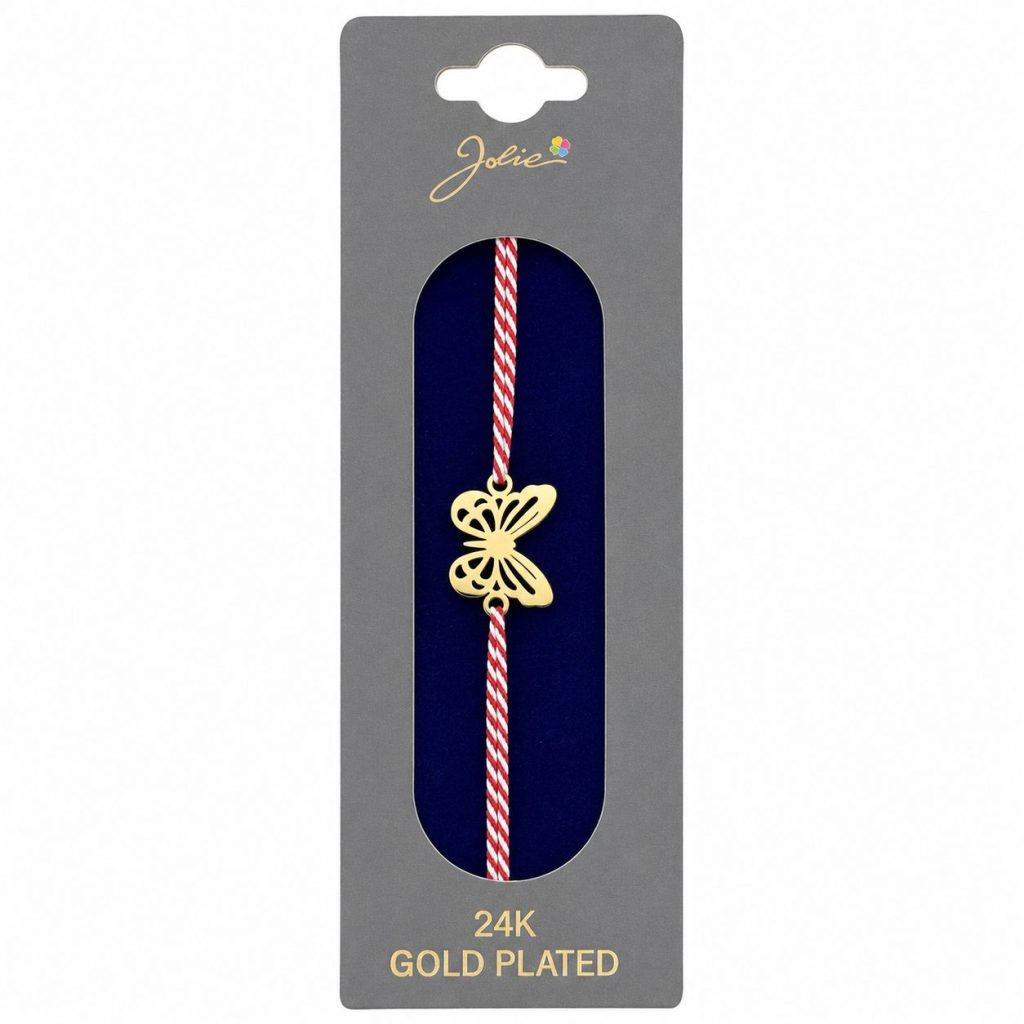 Bratara Placata cu Aur 24k, Jolie, Model FLUTURE PLIN, Martisor Bratara, cu Snur Alb/Rosu, Auriu