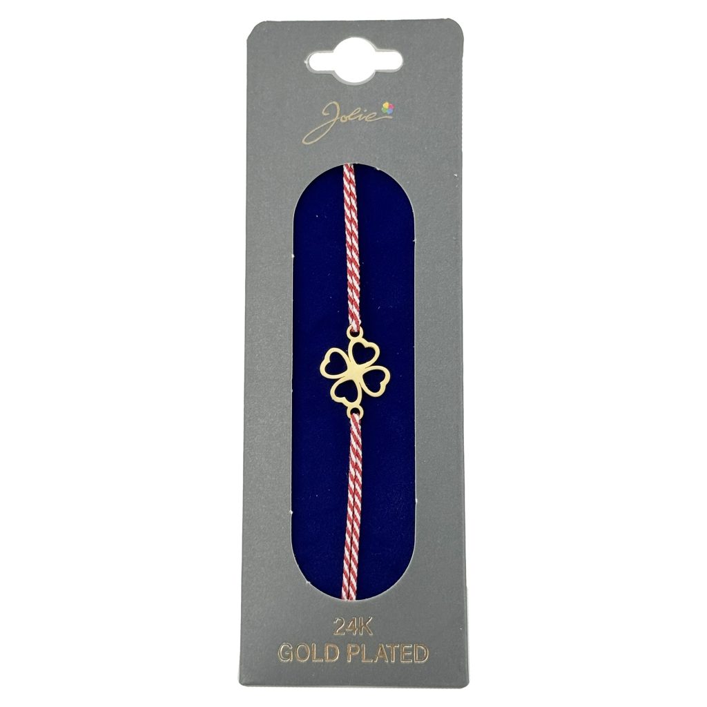 Bratara Placata cu Aur 24k, Jolie, Model TRIFOI, Martisor Bratara, cu Snur Alb/Rosu, Auriu