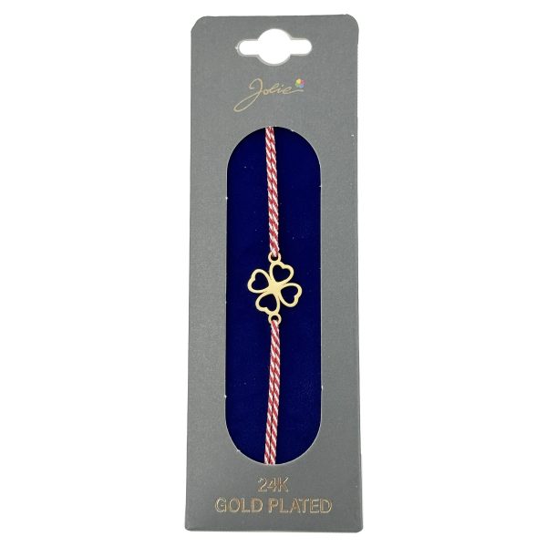 Bratara Placata cu Aur 24k, Jolie, Model TRIFOI, Martisor Bratara, cu Snur Alb/Rosu, Auriu