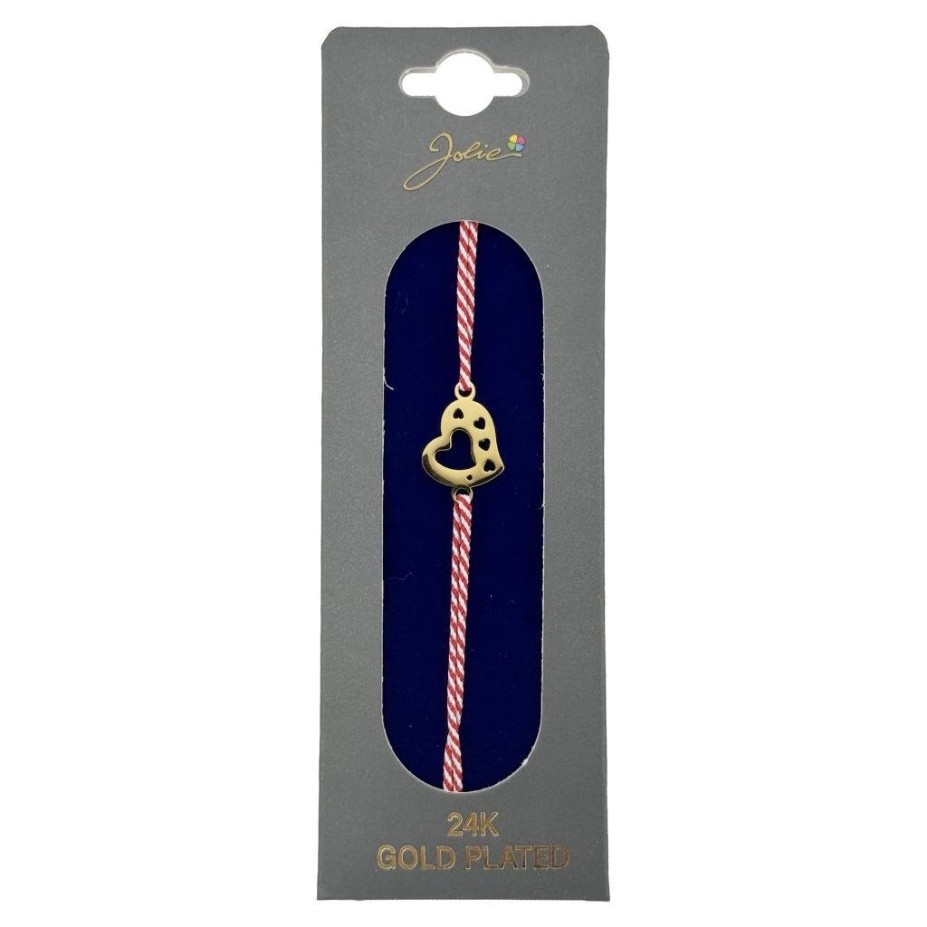 Bratara Placata cu Aur 24k, Jolie, Model INIMA, Martisor Bratara, cu Snur Alb/Rosu, Auriu